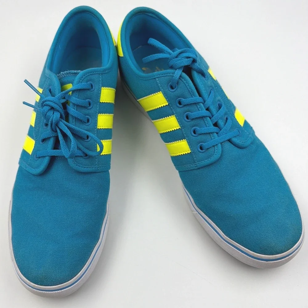 Adidas Seeley Canvas Sneakers Teal Neon Yellow Stripe Low Top Men's Size 11